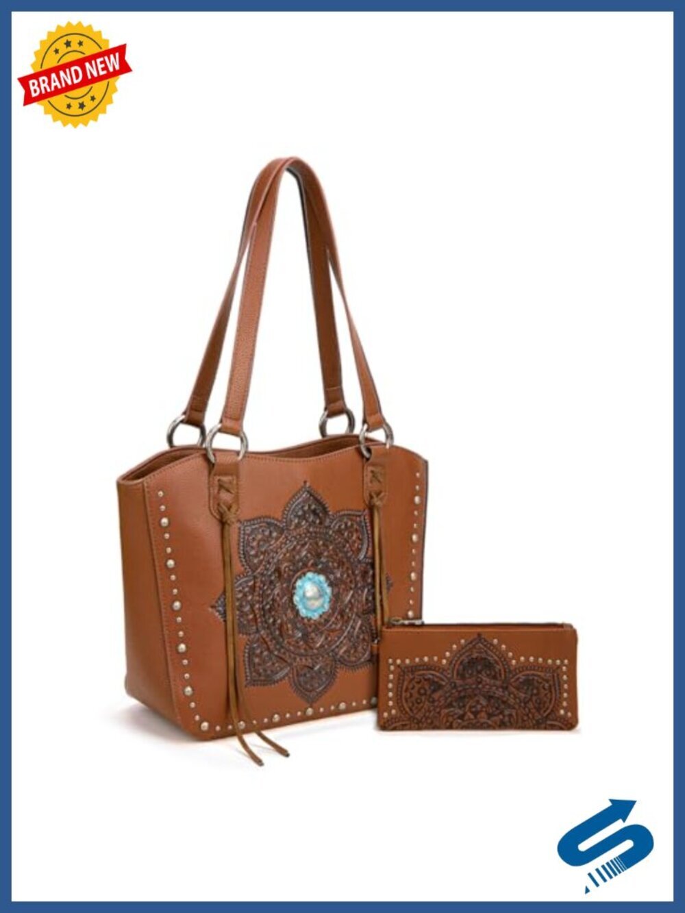 Western Faux Leather Tote Bag with Wallet Set, Studded, Tassel